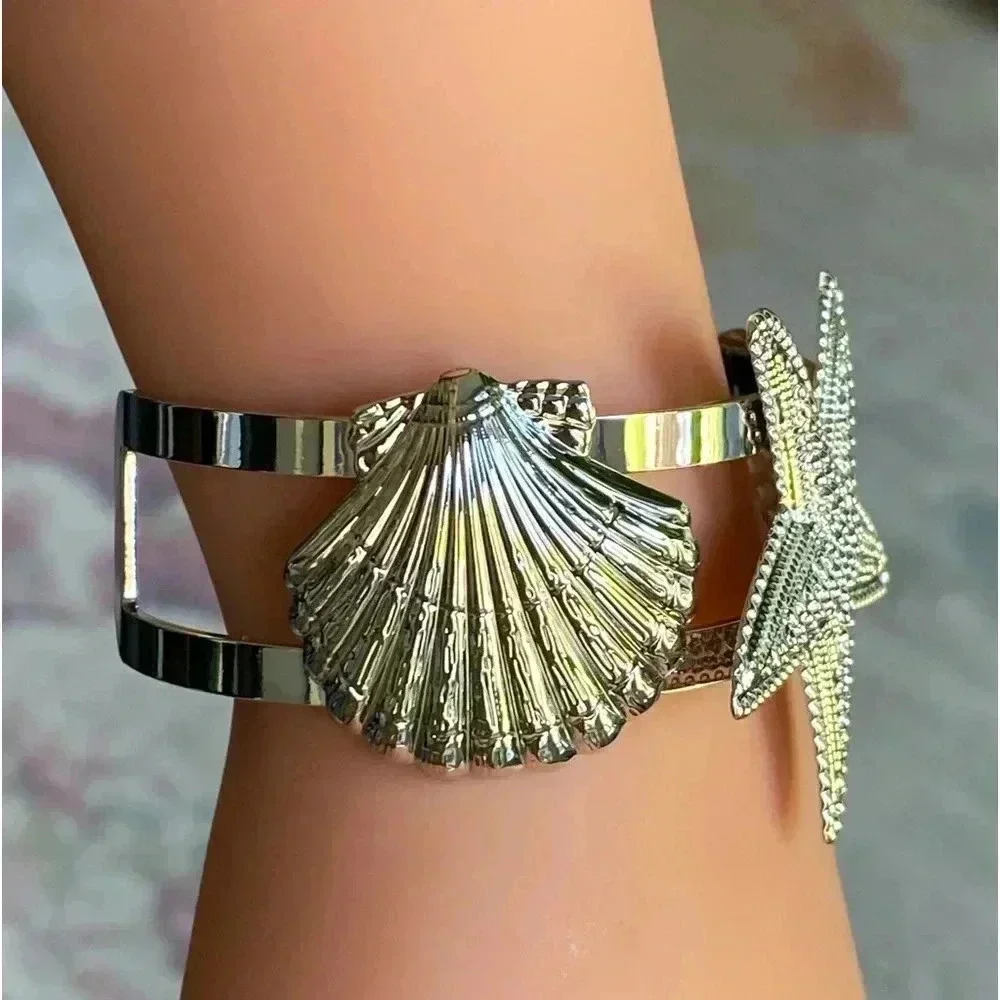 Beach Seashell Starfish Tropical Ocean Silver Tone Cuff Bracelet Bangle NEW